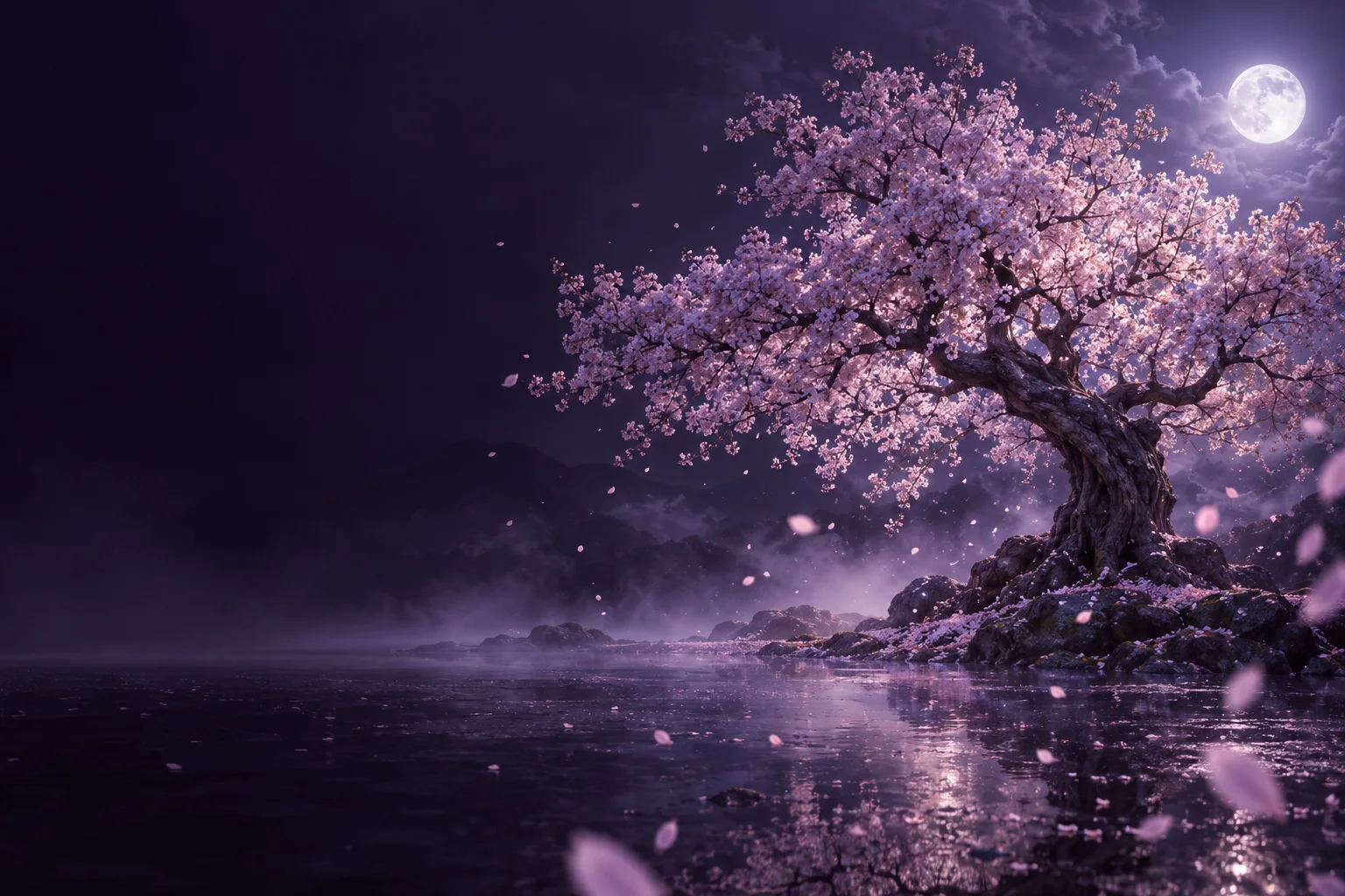 Cerezo violeta junto al agua bajo la luna